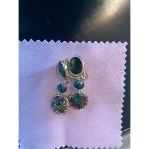 Vintage Monet Gold Tone Multi Color Jewel Clip On Drop Earrings Green Red Purple